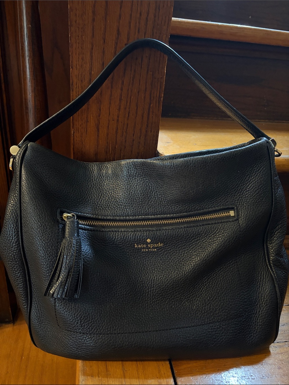 kate spade Black Pebbled Leather Shoulder Hobo with Tassel
